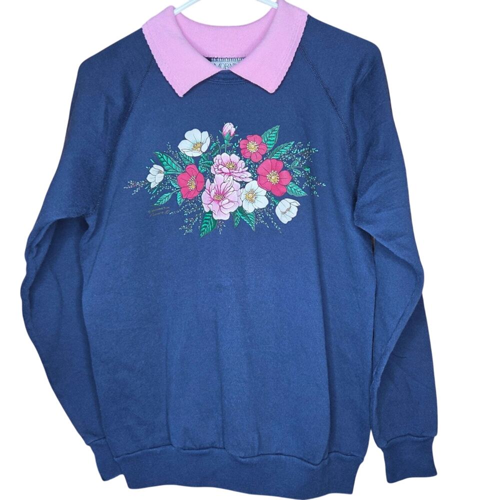 Vintage "Morning Sun" navy blue sweatshirt size large embroidered pink collar